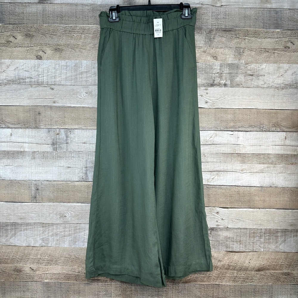Loft Womens Green Wide Leg Culotte Pants Ruffle Elastic Waist Linen Blend XS NWT